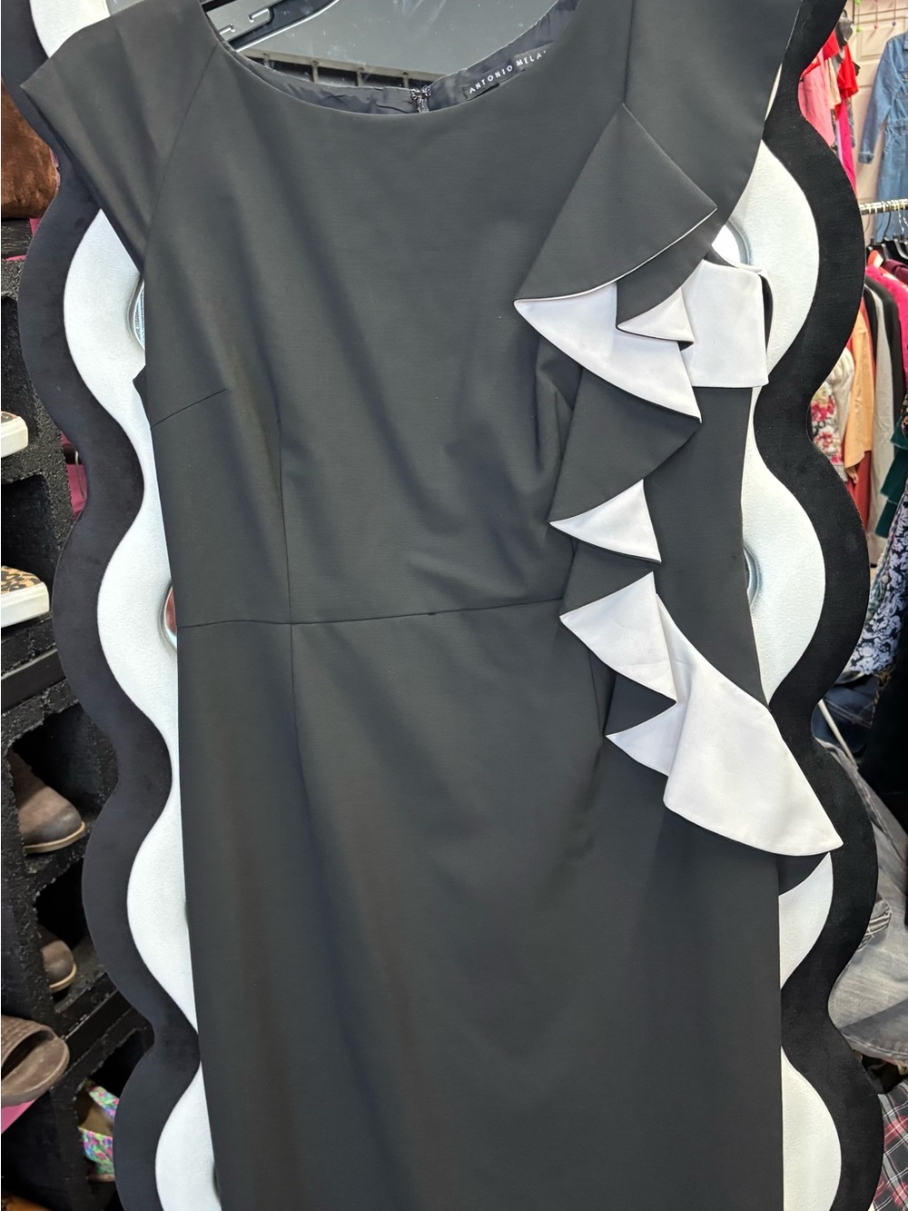 ANTONIO MELANI Black Midi Dress with White Ruffle Accent